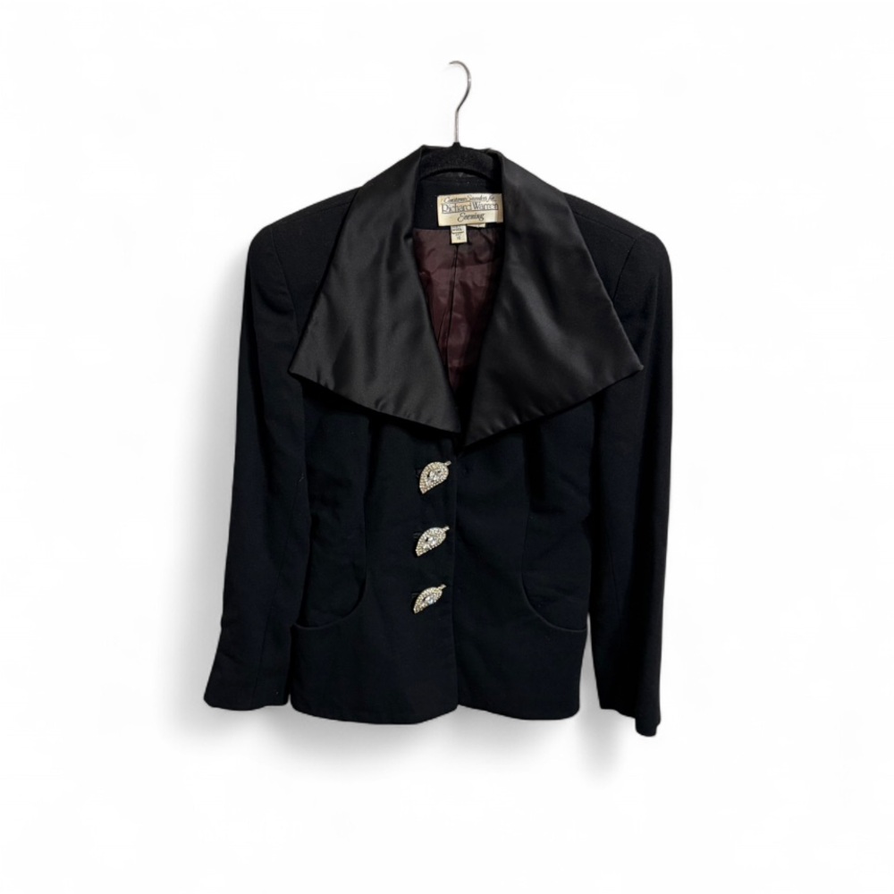 100% Wool Black Blazer Richard Warren Evening Black Satin Lapel Rhinestones